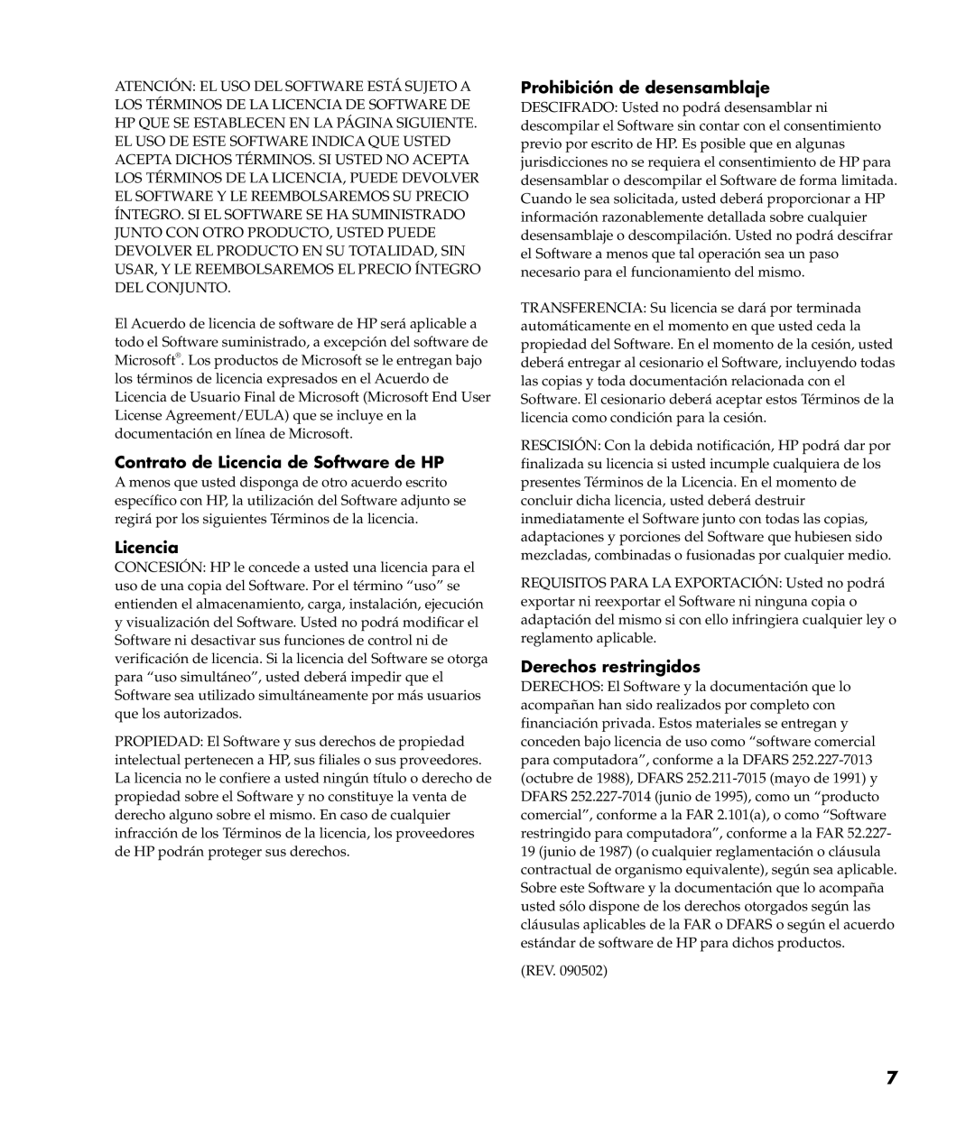 HP a305wm (la) manual Contrato de Licencia de Software de HP, Prohibición de desensamblaje, Derechos restringidos 