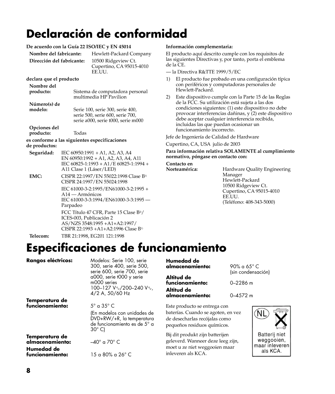 HP a305wm (la) manual Declaración de conformidad, Especificaciones de funcionamiento 