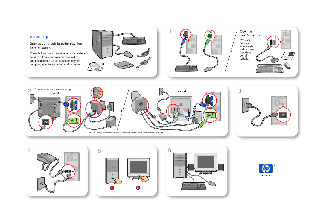 HP a305wm (la) manual Inicie aquí, Opción Inalámbrica, Gracias por elegir la pc hp pavilion para el hogar, Hp crt 