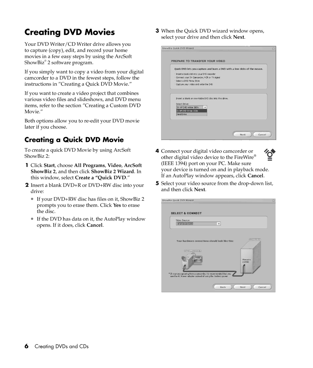 HP a305w, a306x, a302x manual Creating DVD Movies, Creating a Quick DVD Movie 