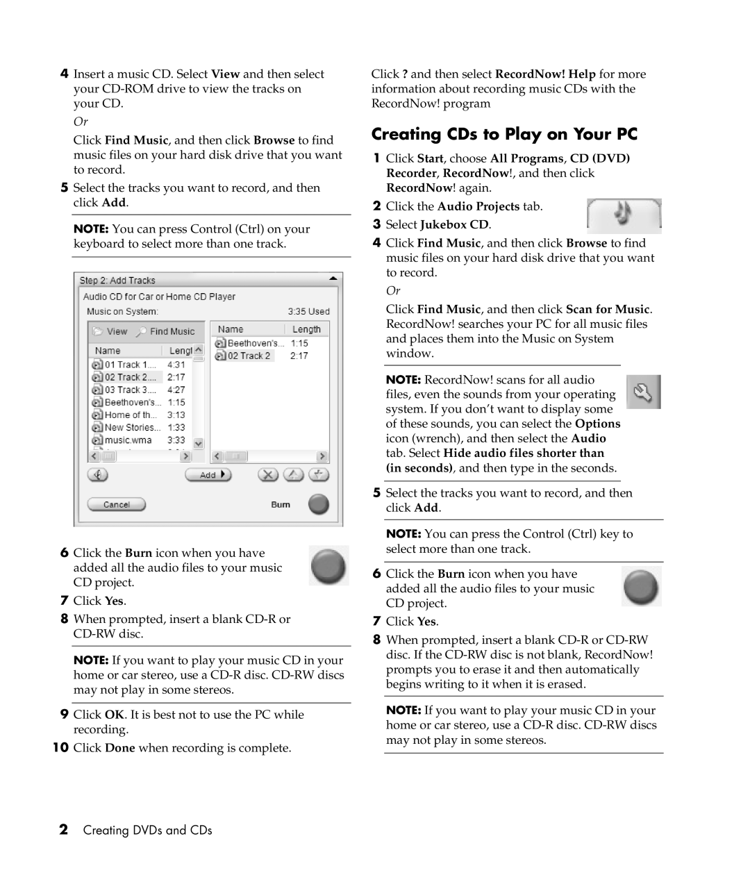 HP a306x, a305w, a302x manual Creating CDs to Play on Your PC 