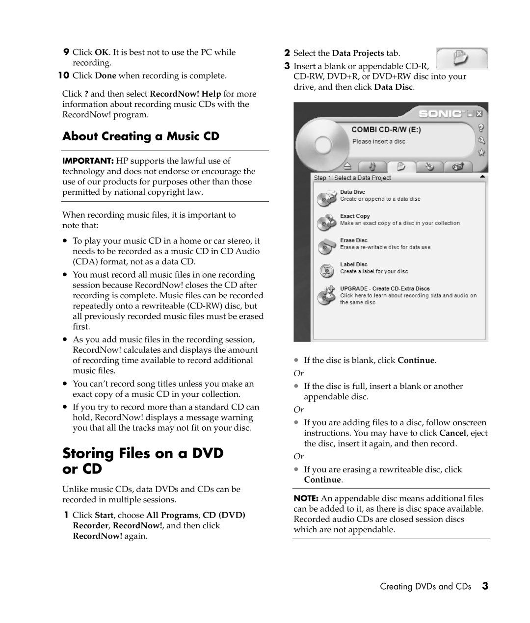 HP a305w, a306x, a302x manual Storing Files on a DVD or CD, About Creating a Music CD 
