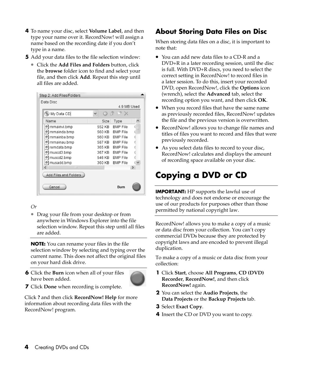 HP a302x, a306x, a305w manual Copying a DVD or CD, About Storing Data Files on Disc 