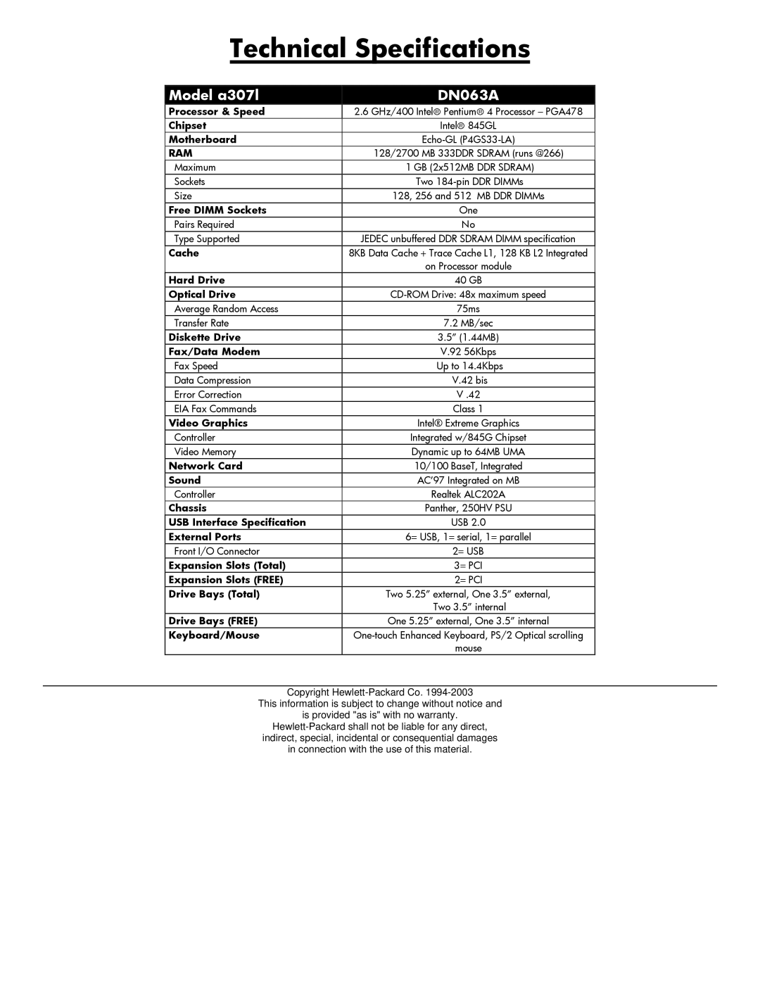 HP a307I (ap) manual Technical Specifications, Model a307l DN063A, Ram 