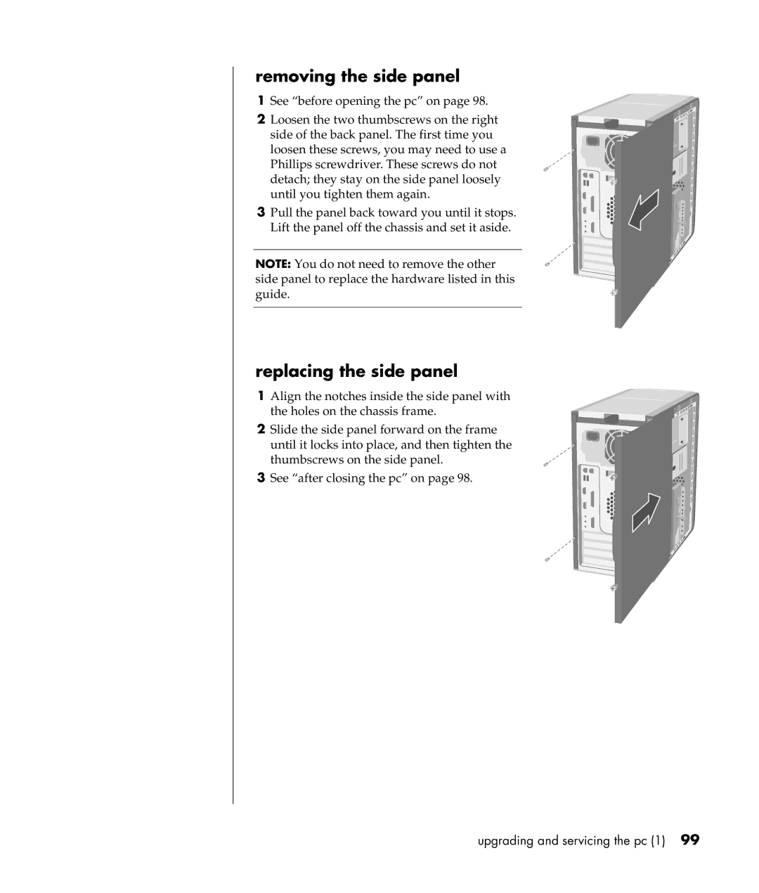 HP a300n, a307x manual Removing the side panel, Replacing the side panel 