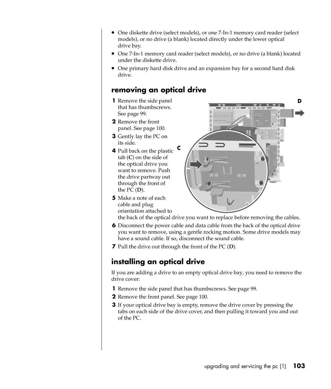 HP a300n, a307x manual Removing an optical drive, Installing an optical drive 