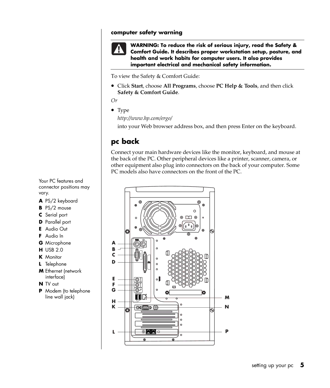 HP a300n, a307x manual Pc back, Computer safety warning 