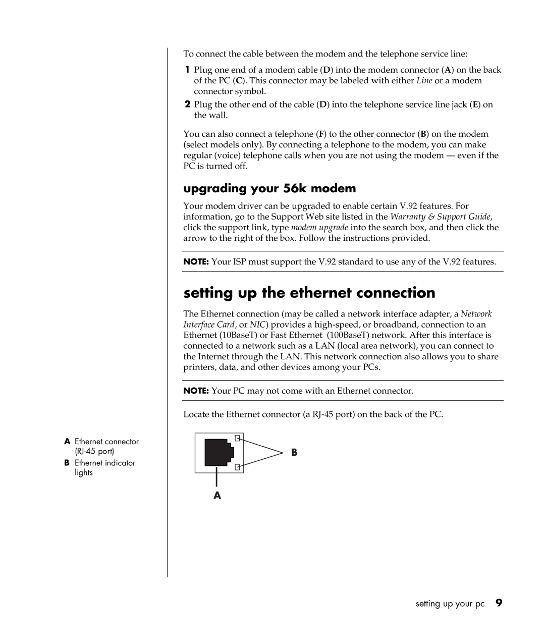 HP a300n, a307x manual Setting up the ethernet connection, Upgrading your 56k modem 