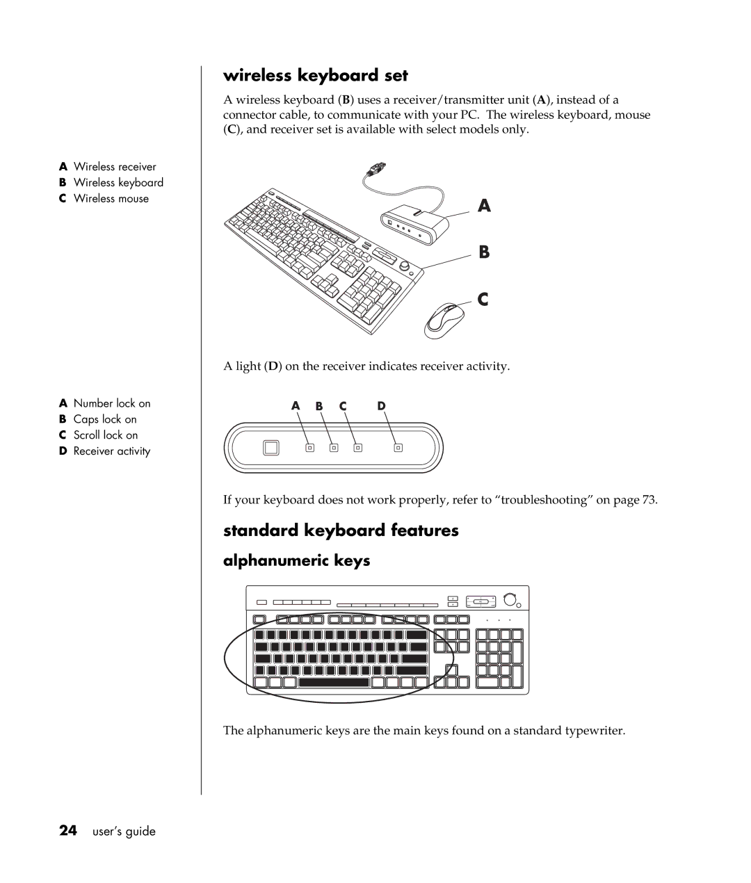 HP a307x, a300n manual Wireless keyboard set, Standard keyboard features, Alphanumeric keys 