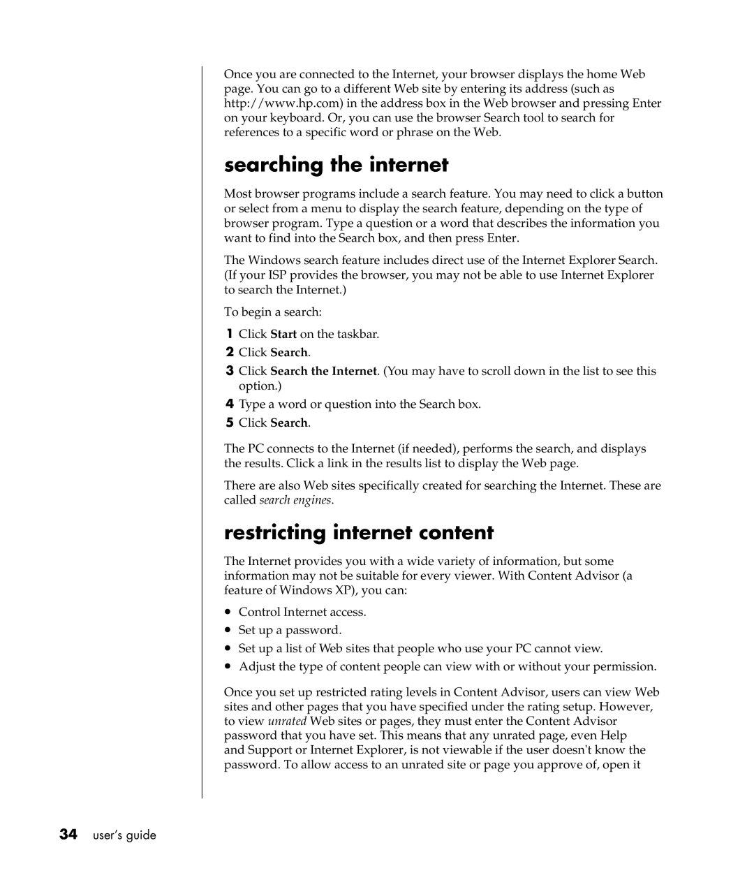 HP a307x, a300n manual Searching the internet, Restricting internet content 