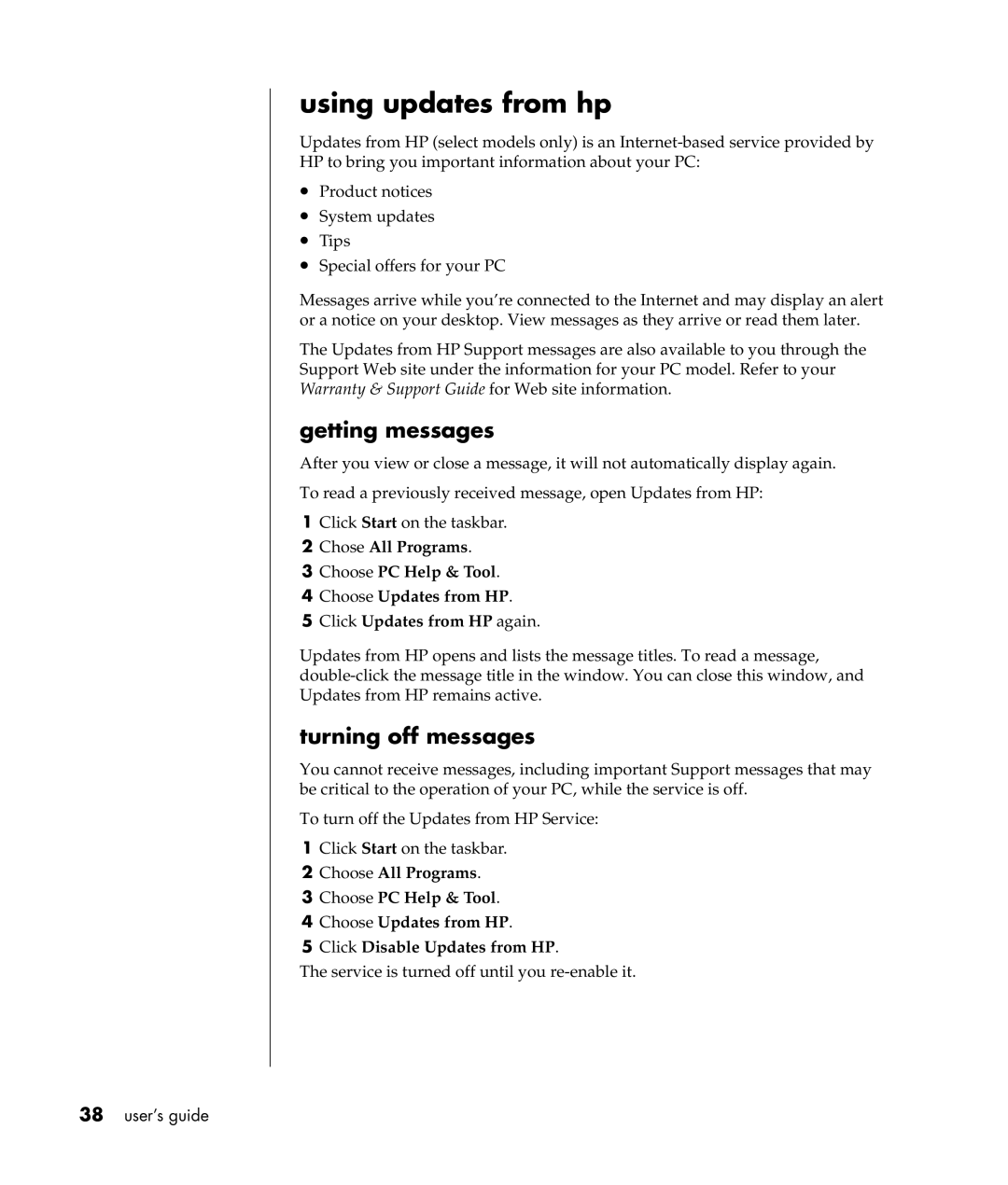 HP a307x, a300n manual Using updates from hp, Getting messages, Turning off messages 