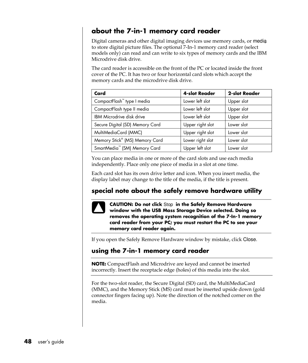 HP a307x About the 7-in-1 memory card reader, Special note about the safely remove hardware utility, Card Slot Reader 