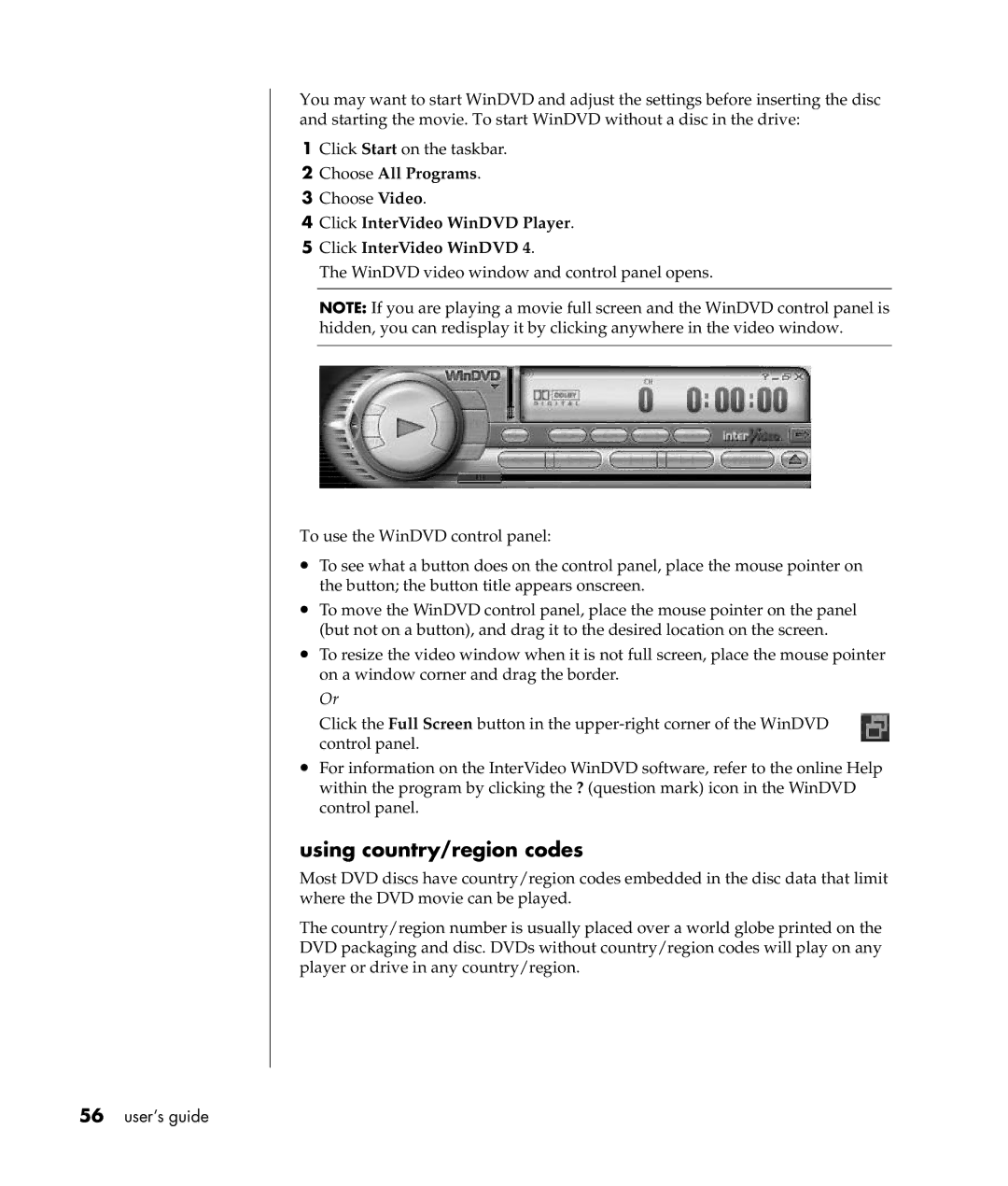 HP a307x, a300n manual Using country/region codes, Click InterVideo WinDVD Player 