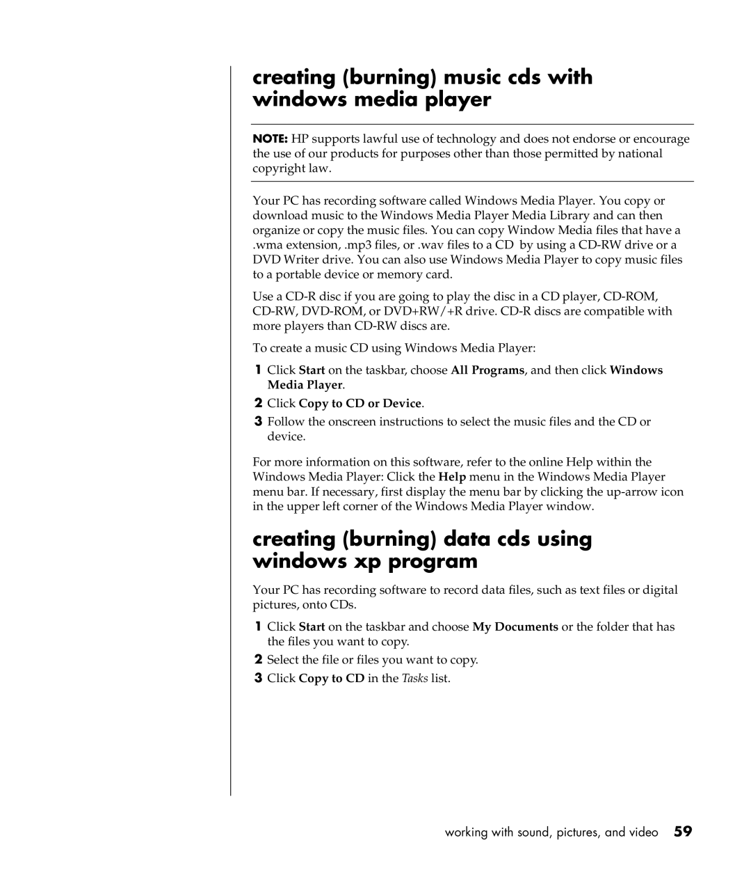 HP a300n, a307x Creating burning music cds with windows media player, Creating burning data cds using windows xp program 
