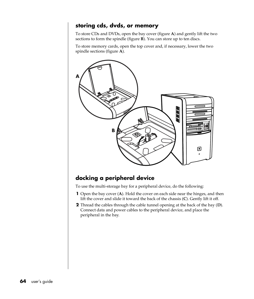 HP a307x, a300n manual Storing cds, dvds, or memory, Docking a peripheral device 