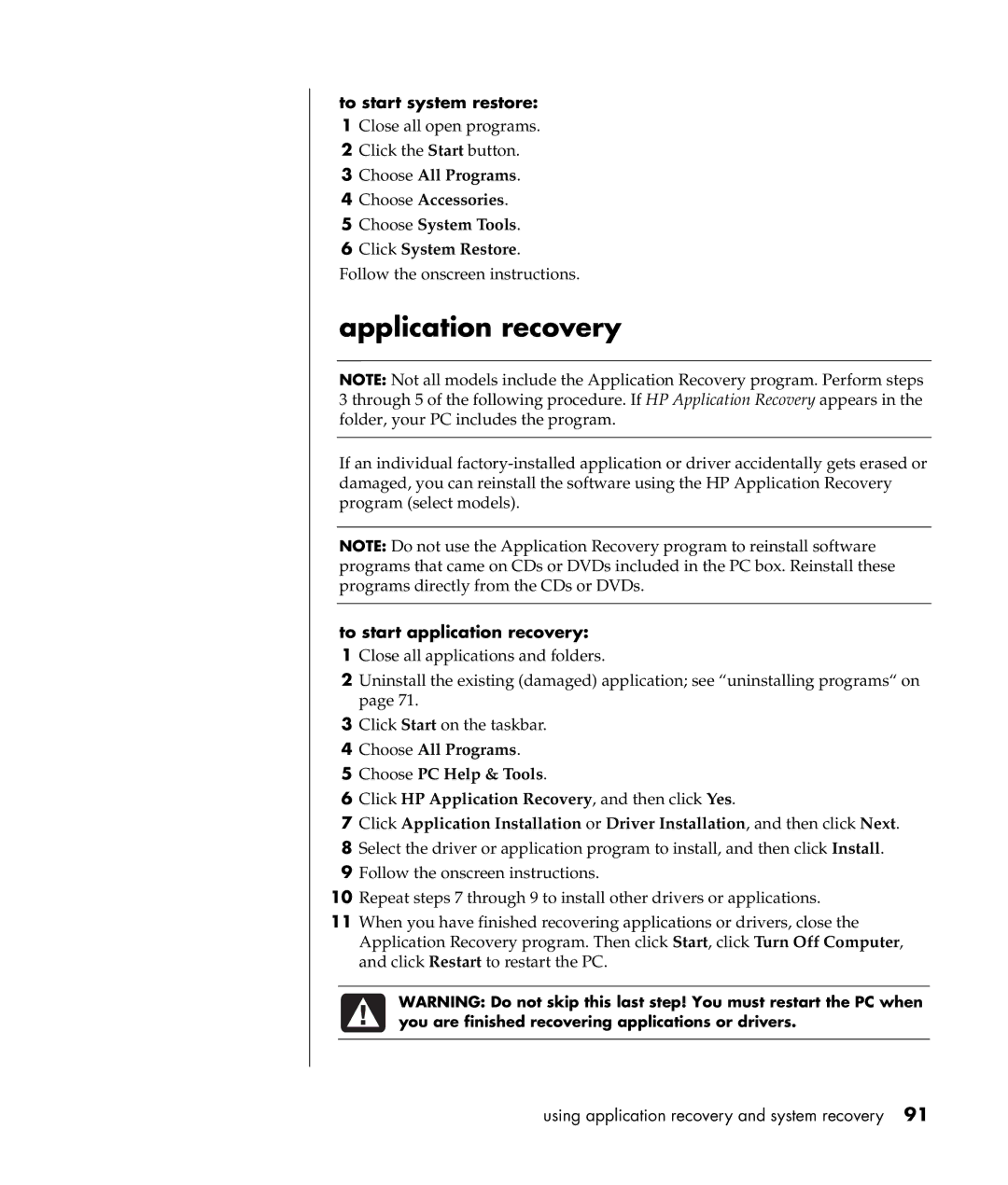 HP a300n, a307x manual Application recovery, To start system restore 