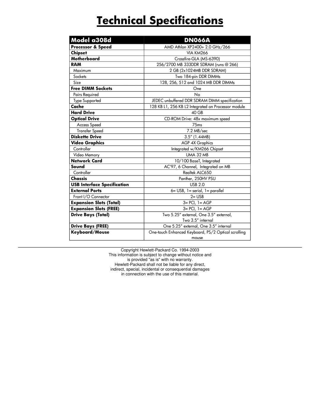 HP a308d (ap) manual Technical Specifications, Model a308d DN066A, VIA KM266, Ram, UMA 32 MB 