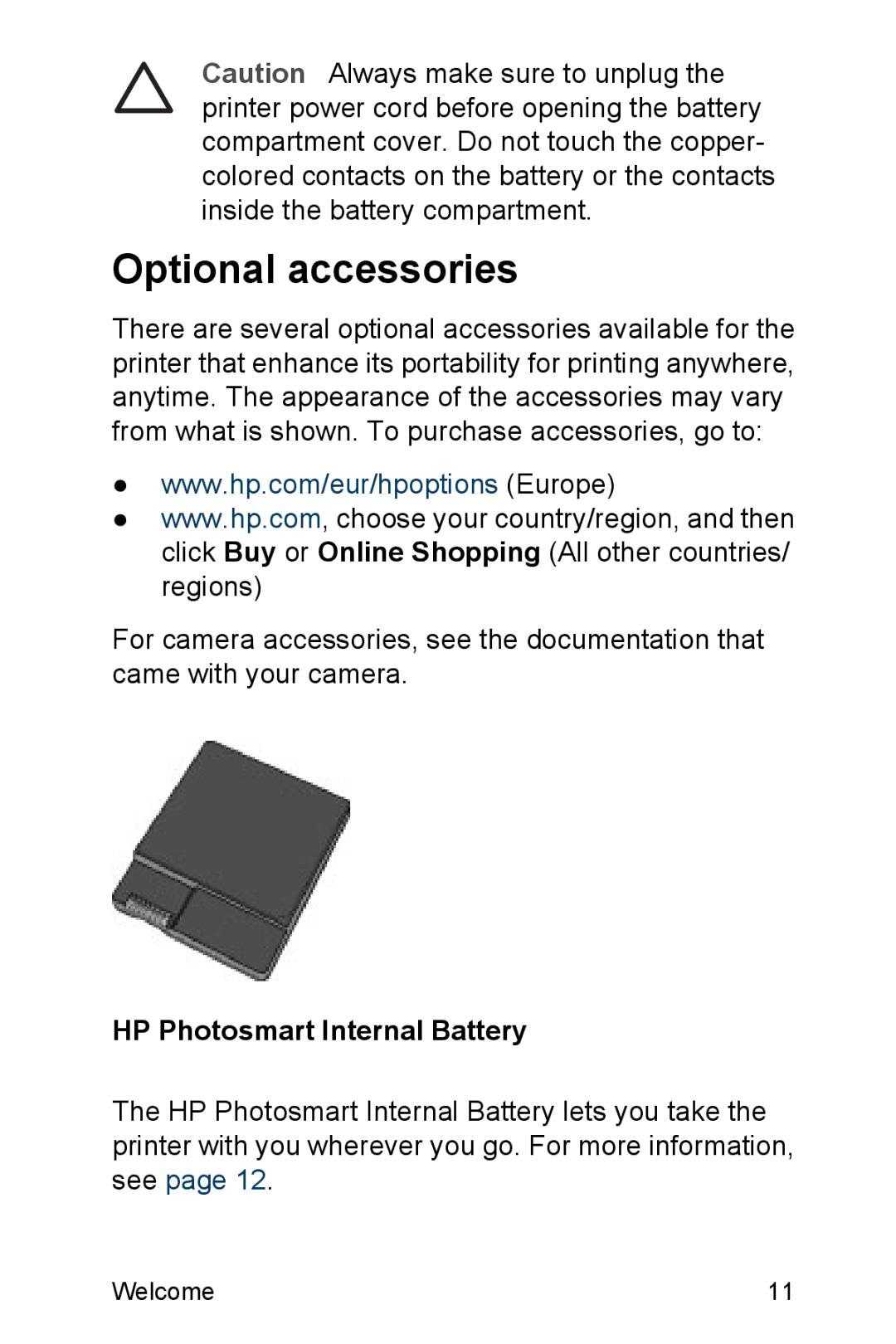 HP A310 manual Optional accessories, HP Photosmart Internal Battery 