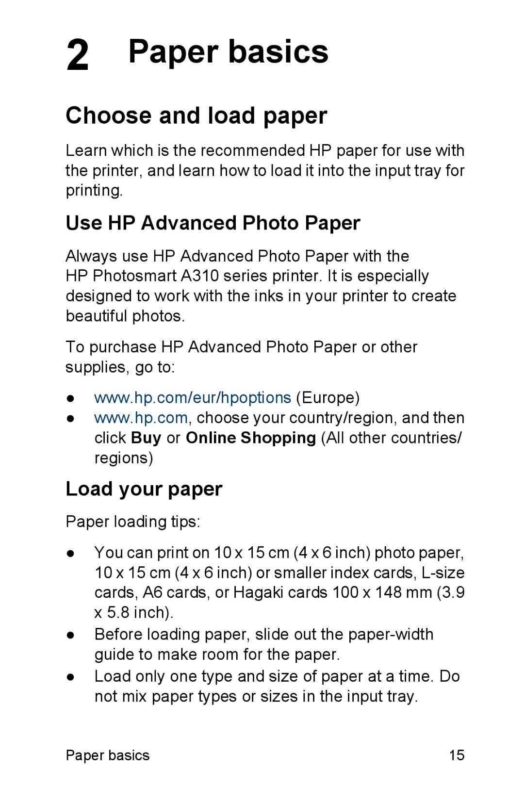 HP A310 manual Paper basics, Choose and load paper, Use HP Advanced Photo Paper, Load your paper 