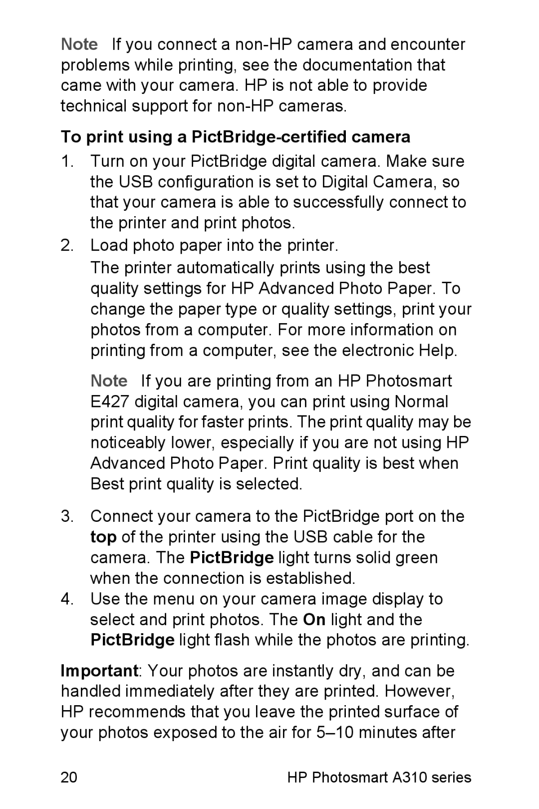 HP A310 manual To print using a PictBridge-certified camera 