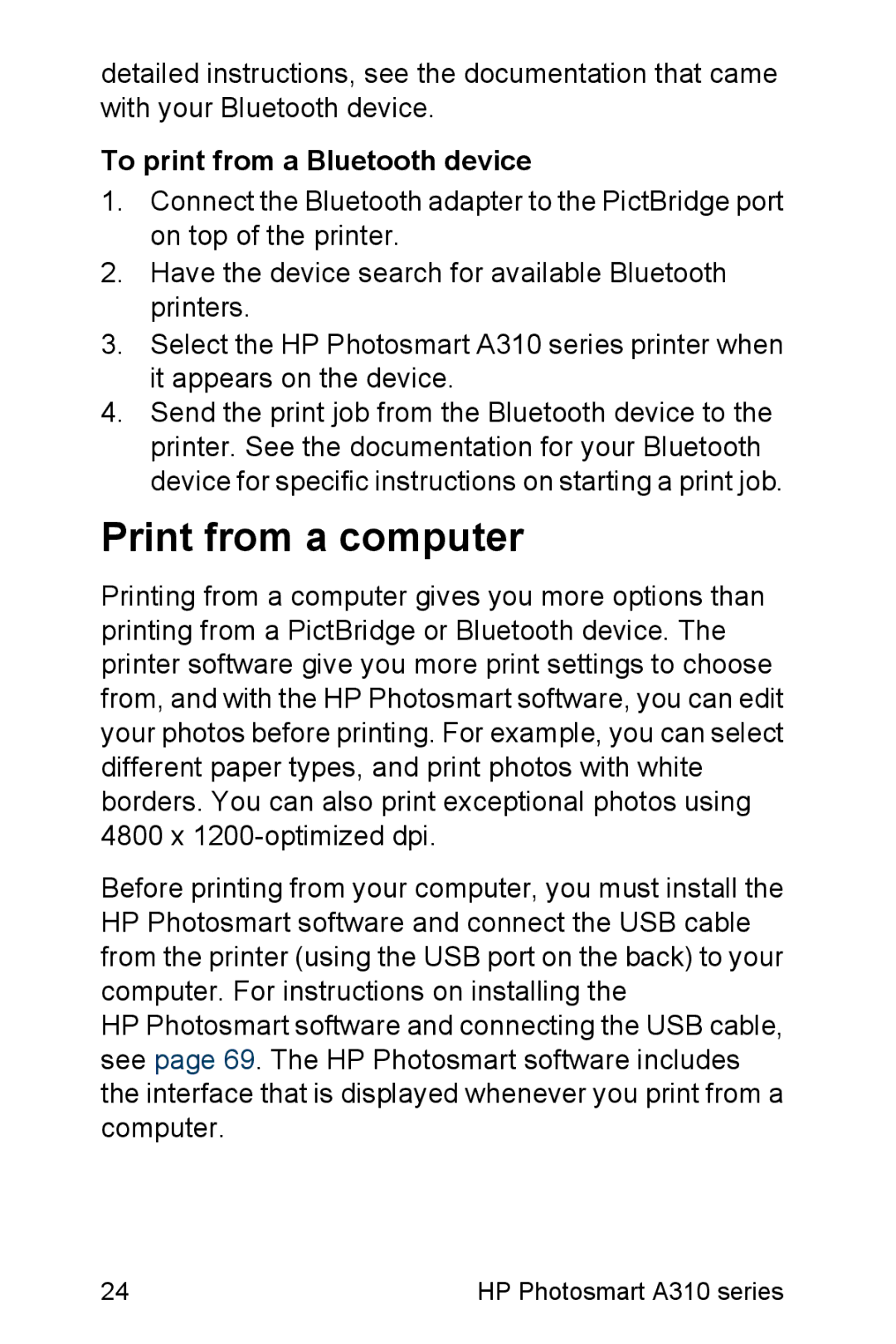 HP A310 manual Print from a computer, To print from a Bluetooth device 