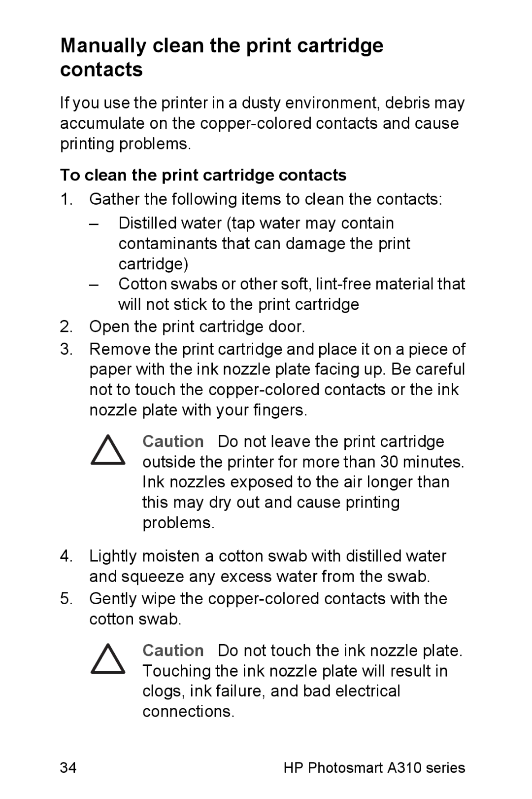 HP A310 manual Manually clean the print cartridge contacts, To clean the print cartridge contacts 