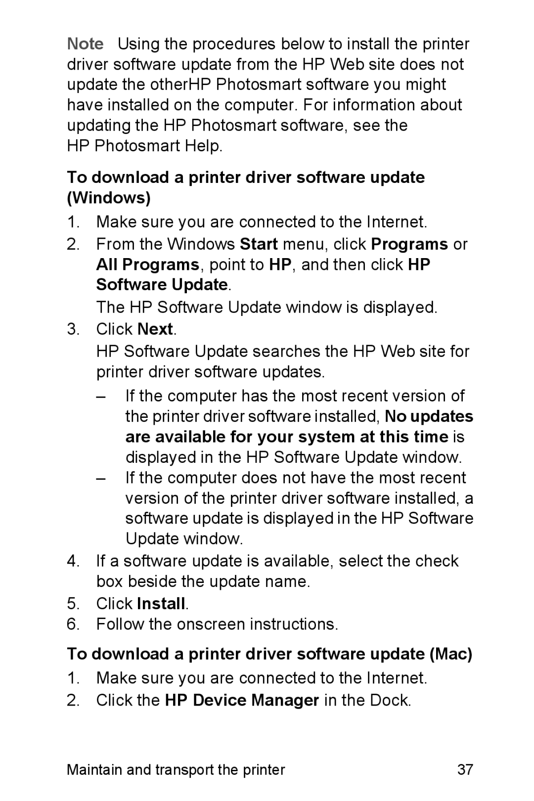 HP A310 manual To download a printer driver software update Windows, To download a printer driver software update Mac 