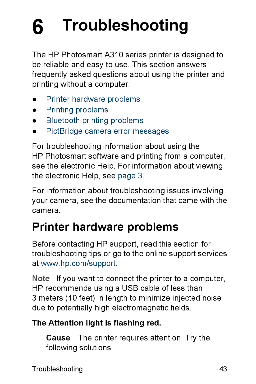 HP A310 manual Troubleshooting, Printer hardware problems 