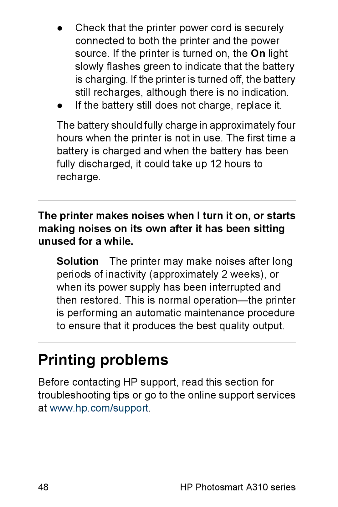 HP A310 manual Printing problems 