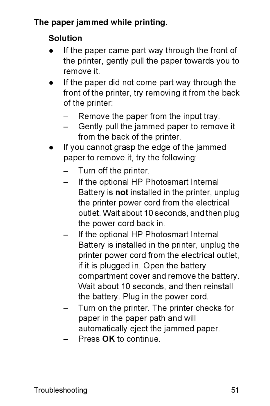 HP A310 manual Paper jammed while printing Solution 