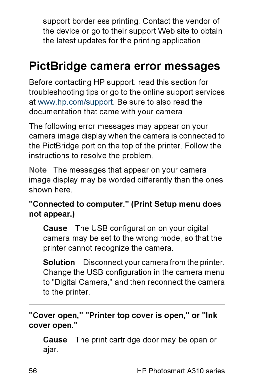 HP A310 manual PictBridge camera error messages, Connected to computer. Print Setup menu does not appear 