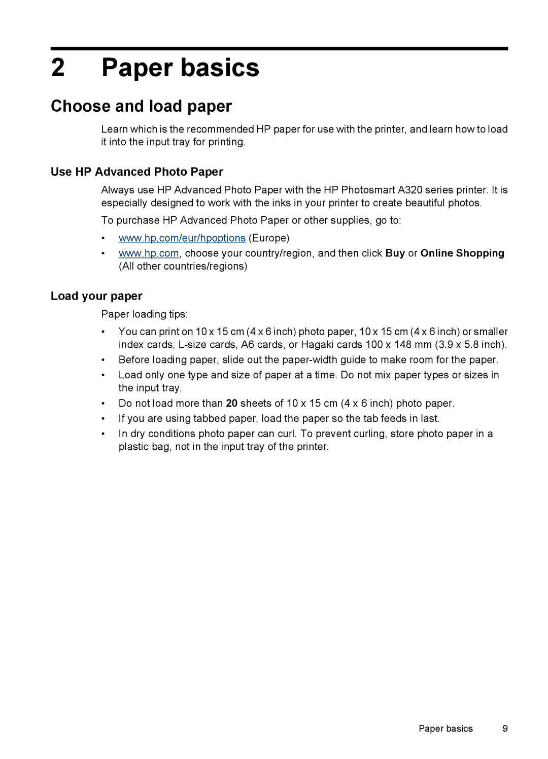 HP A320 manual Paper basics, Choose and load paper, Use HP Advanced Photo Paper, Load your paper 