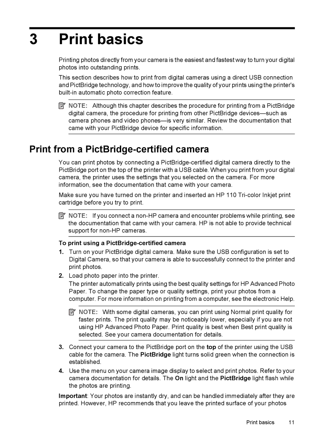 HP A320 manual Print basics, Print from a PictBridge-certified camera, To print using a PictBridge-certified camera 