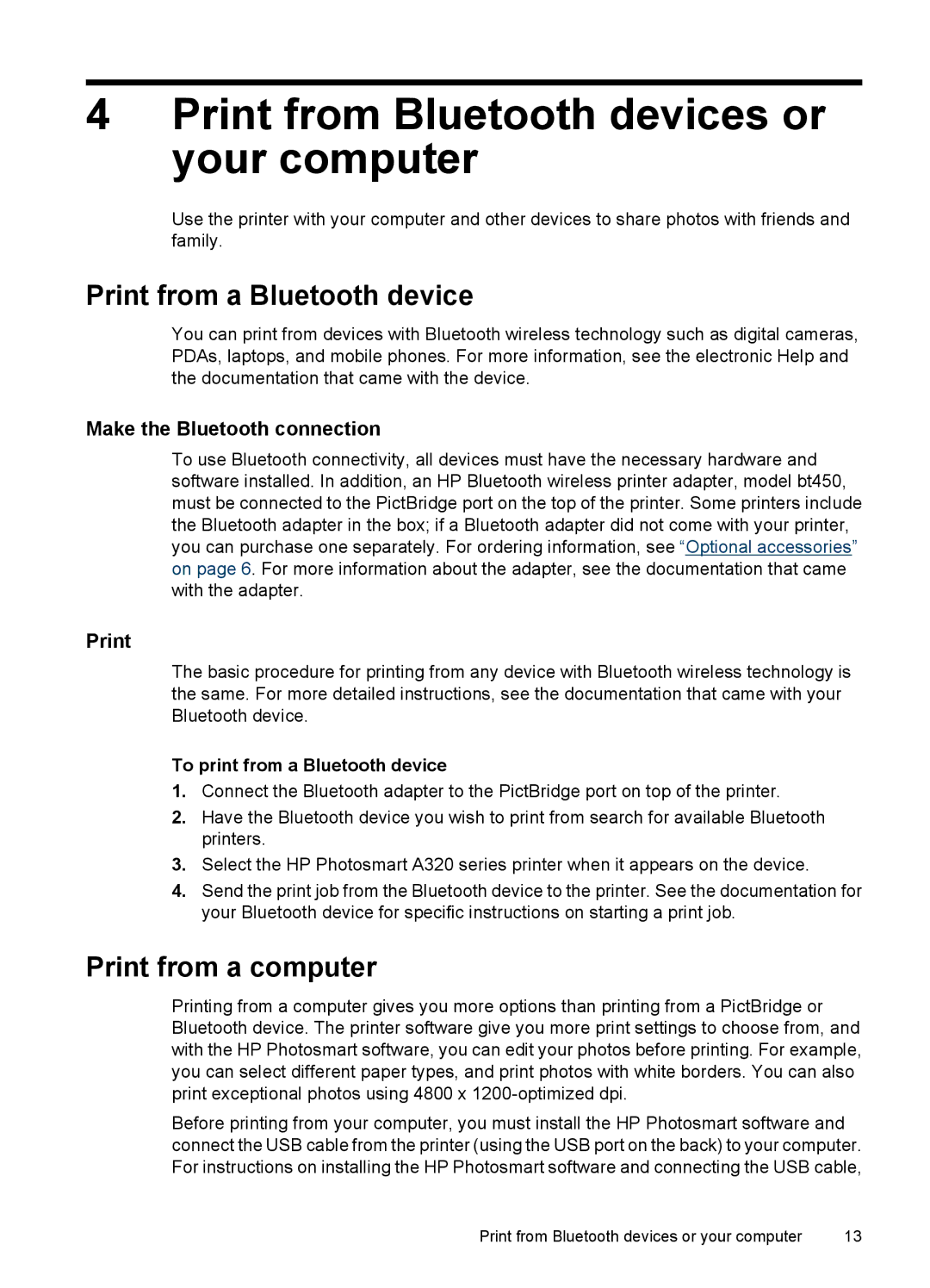 HP A320 manual Print from Bluetooth devices or your computer, Print from a Bluetooth device, Print from a computer 