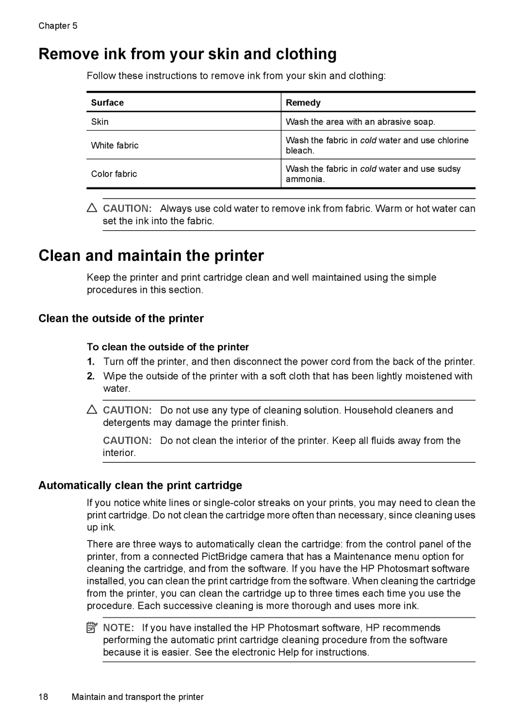 HP A320 manual Remove ink from your skin and clothing, Clean and maintain the printer, Clean the outside of the printer 