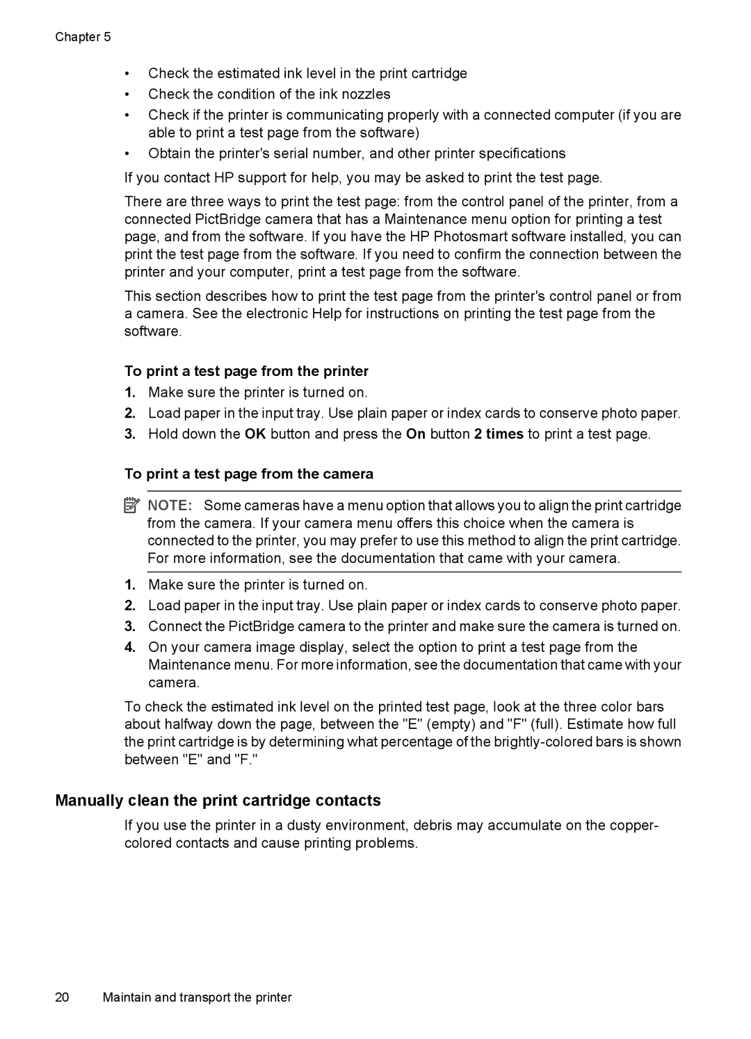 HP A320 manual Manually clean the print cartridge contacts, To print a test page from the printer 