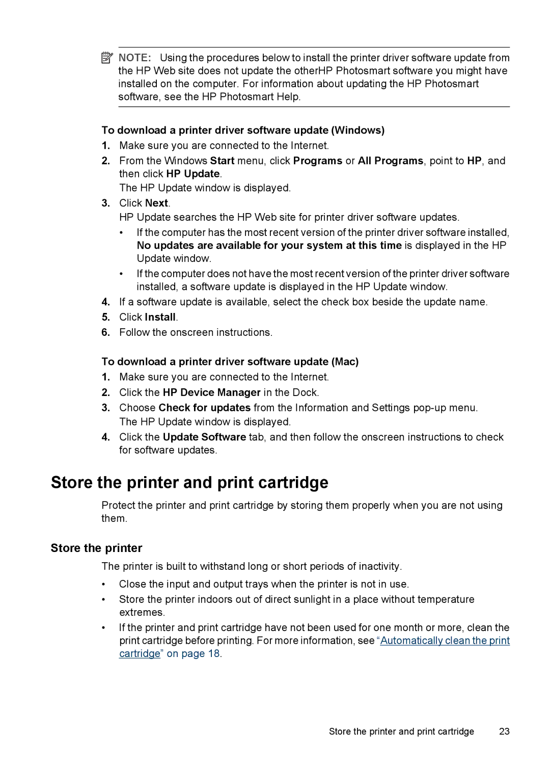 HP A320 manual Store the printer and print cartridge, To download a printer driver software update Windows 