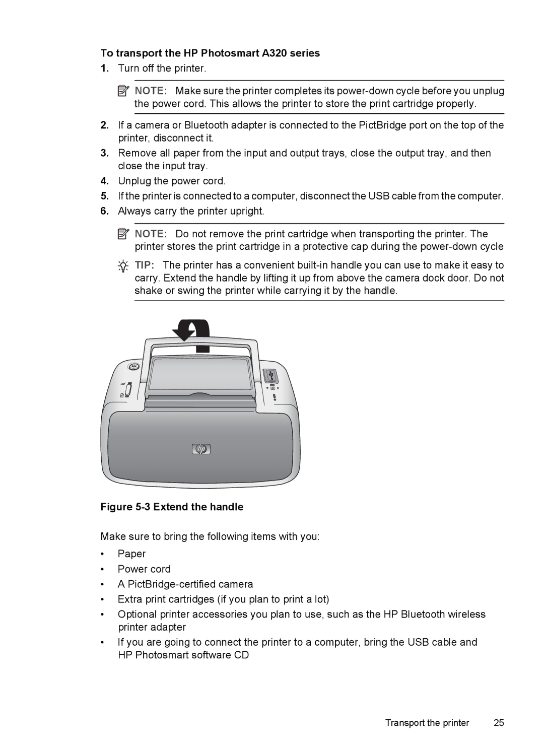 HP manual To transport the HP Photosmart A320 series, Extend the handle 