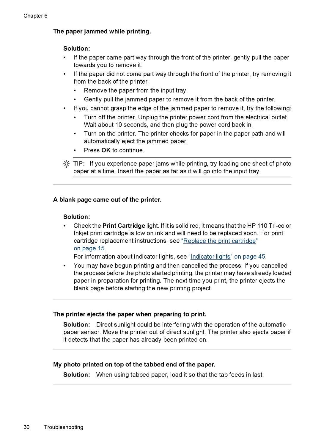 HP A320 manual Paper jammed while printing Solution, Blank page came out of the printer Solution 