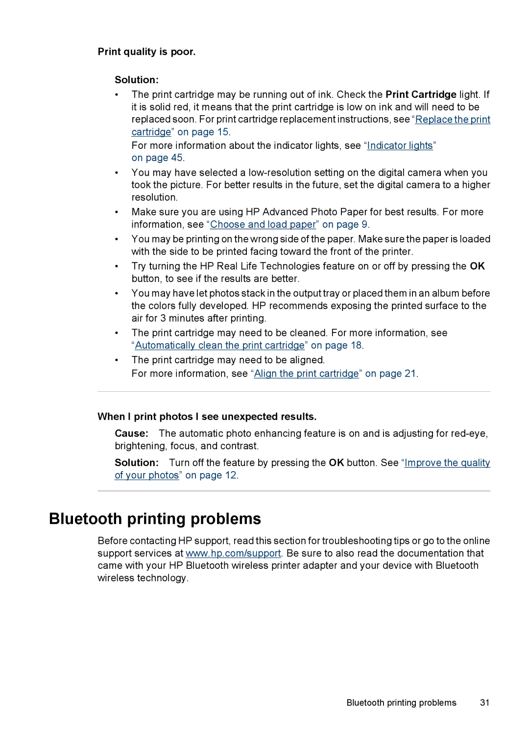 HP A320 manual Bluetooth printing problems, Print quality is poor Solution, When I print photos I see unexpected results 