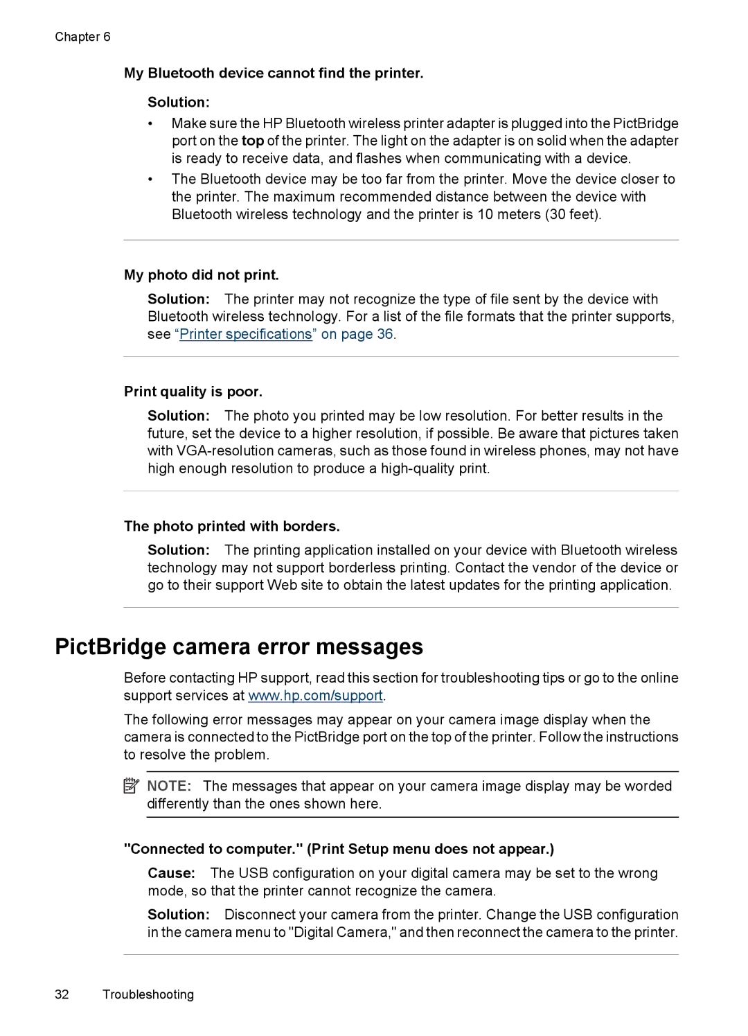 HP A320 manual PictBridge camera error messages 