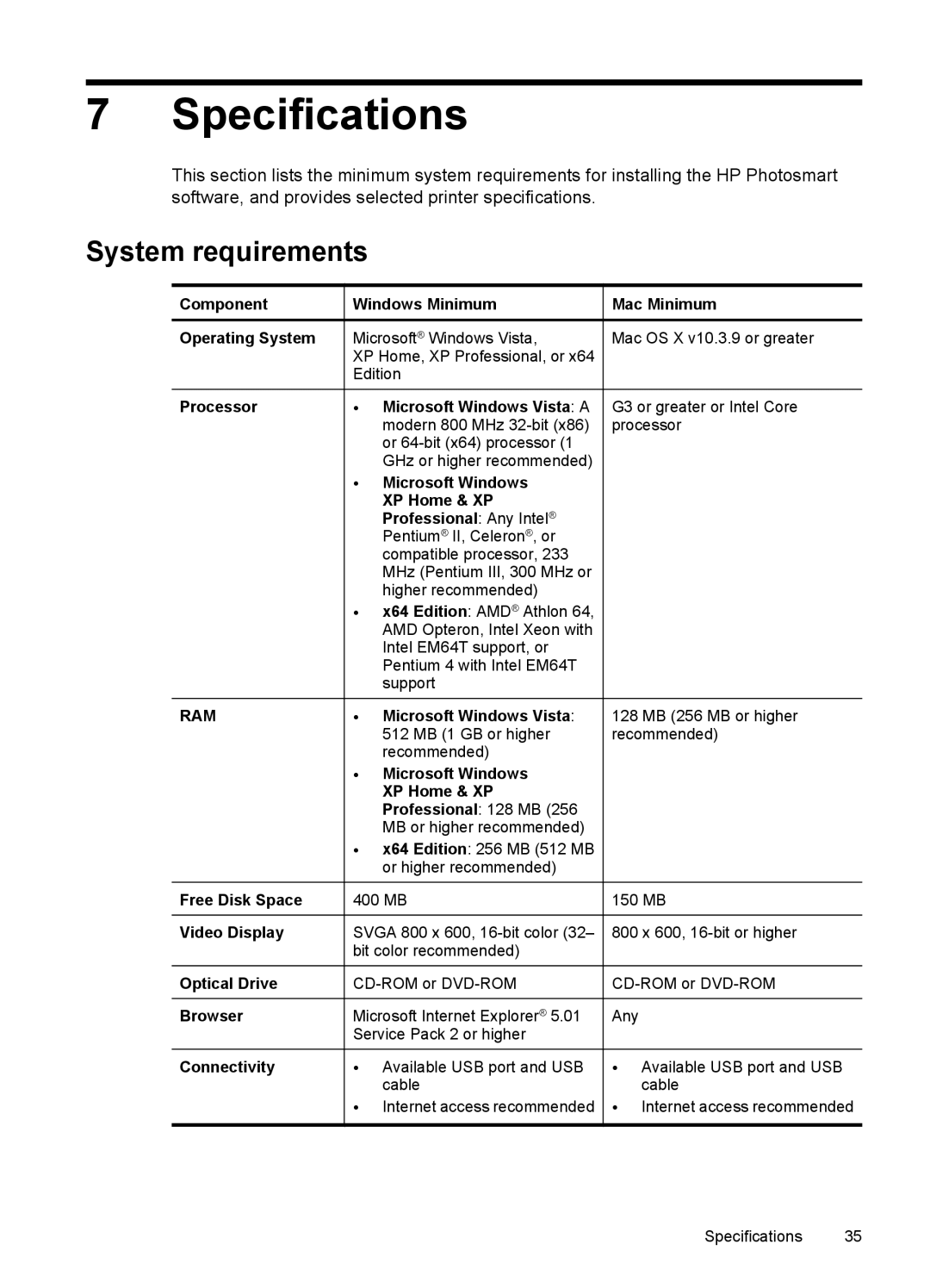 HP A320 manual Specifications, System requirements, Component Operating System Processor, Mac Minimum 