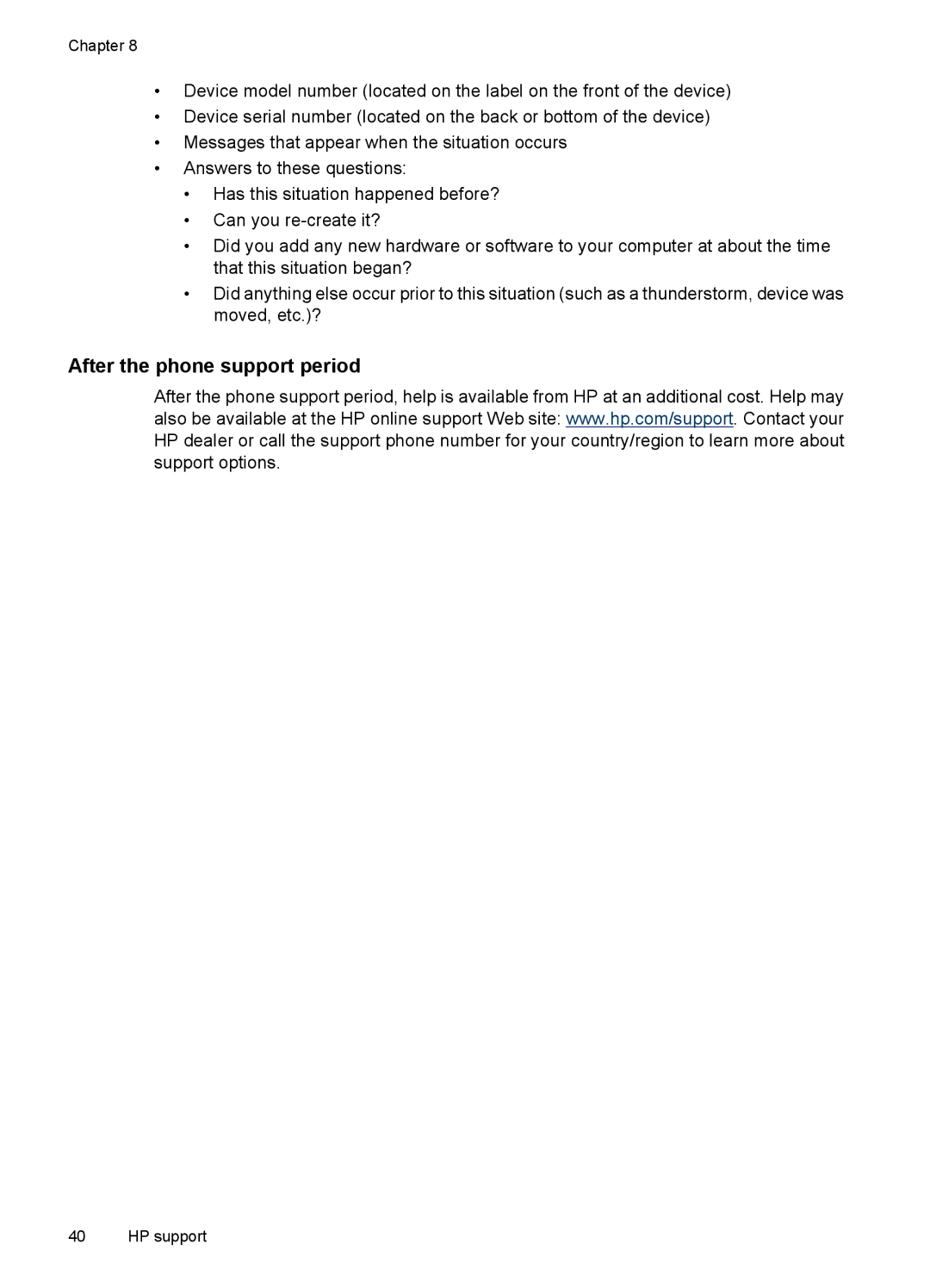 HP A320 manual After the phone support period 