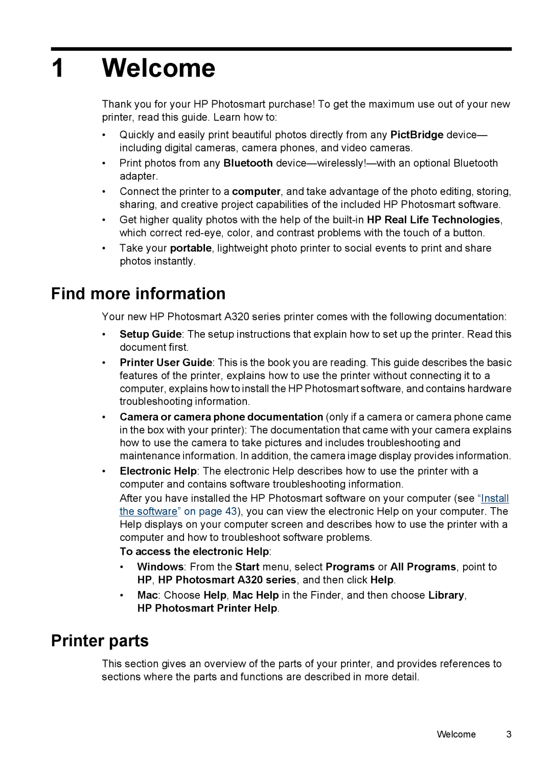 HP A320 manual Welcome, Find more information, Printer parts, To access the electronic Help 