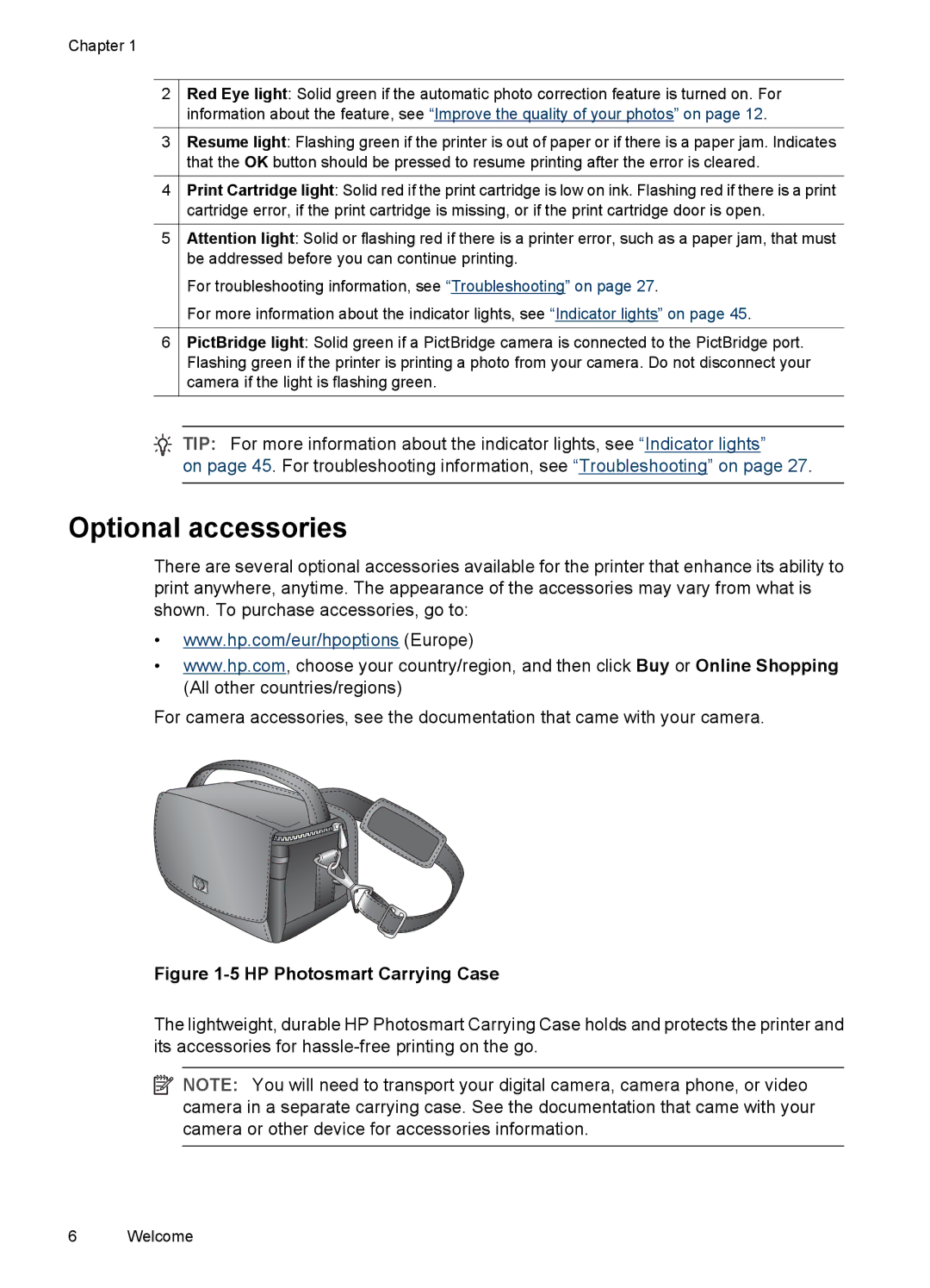 HP A320 manual Optional accessories, HP Photosmart Carrying Case 