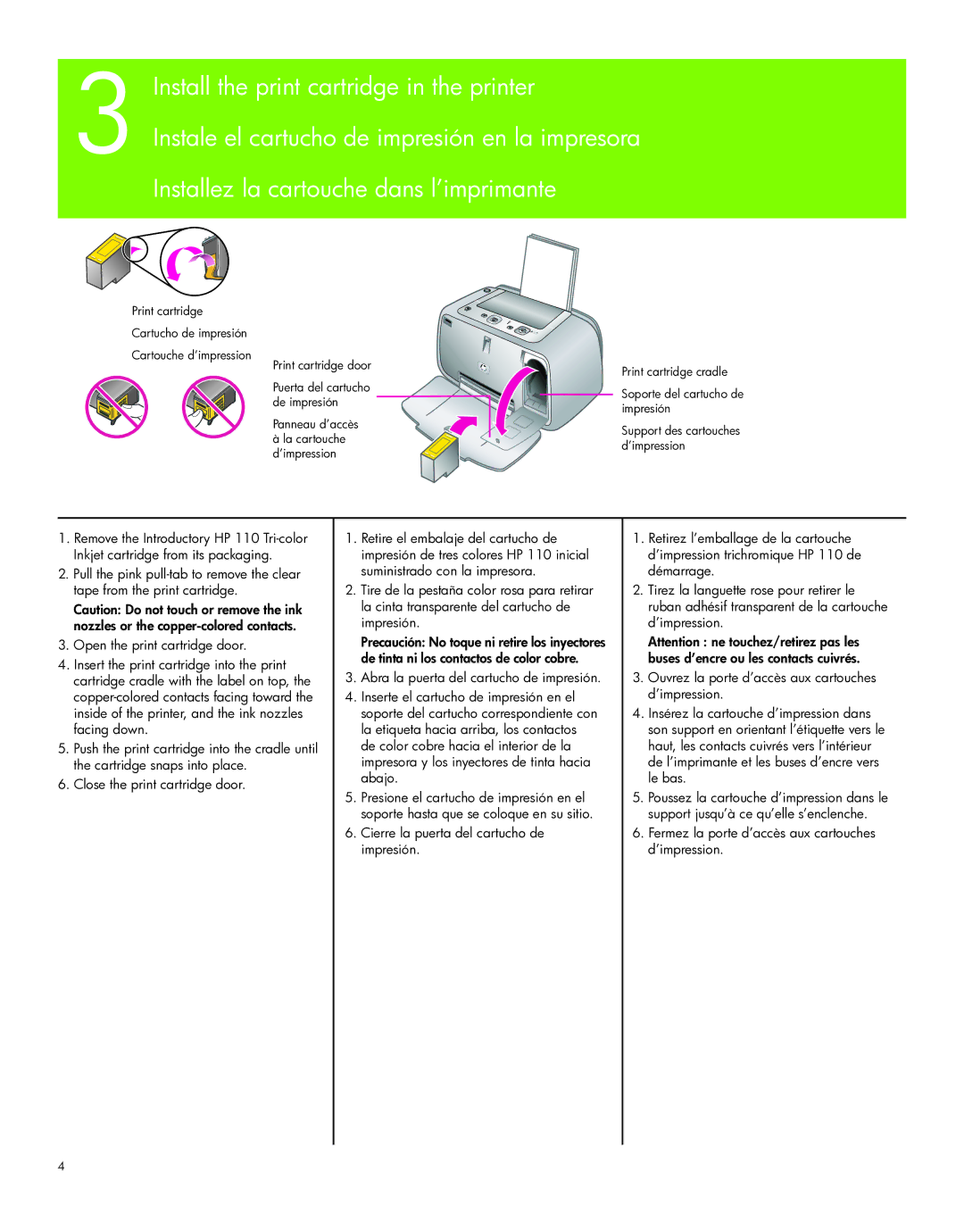 HP A440 manual Install the print cartridge in the printer 