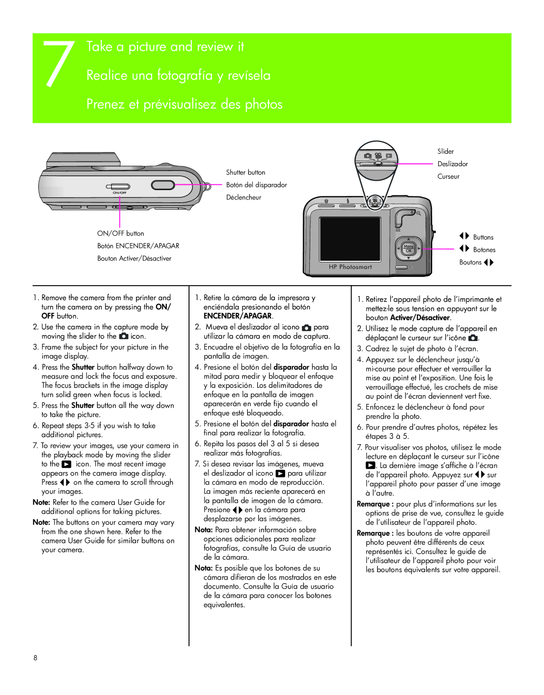 HP A440 manual Prenez et prévisualisez des photos 