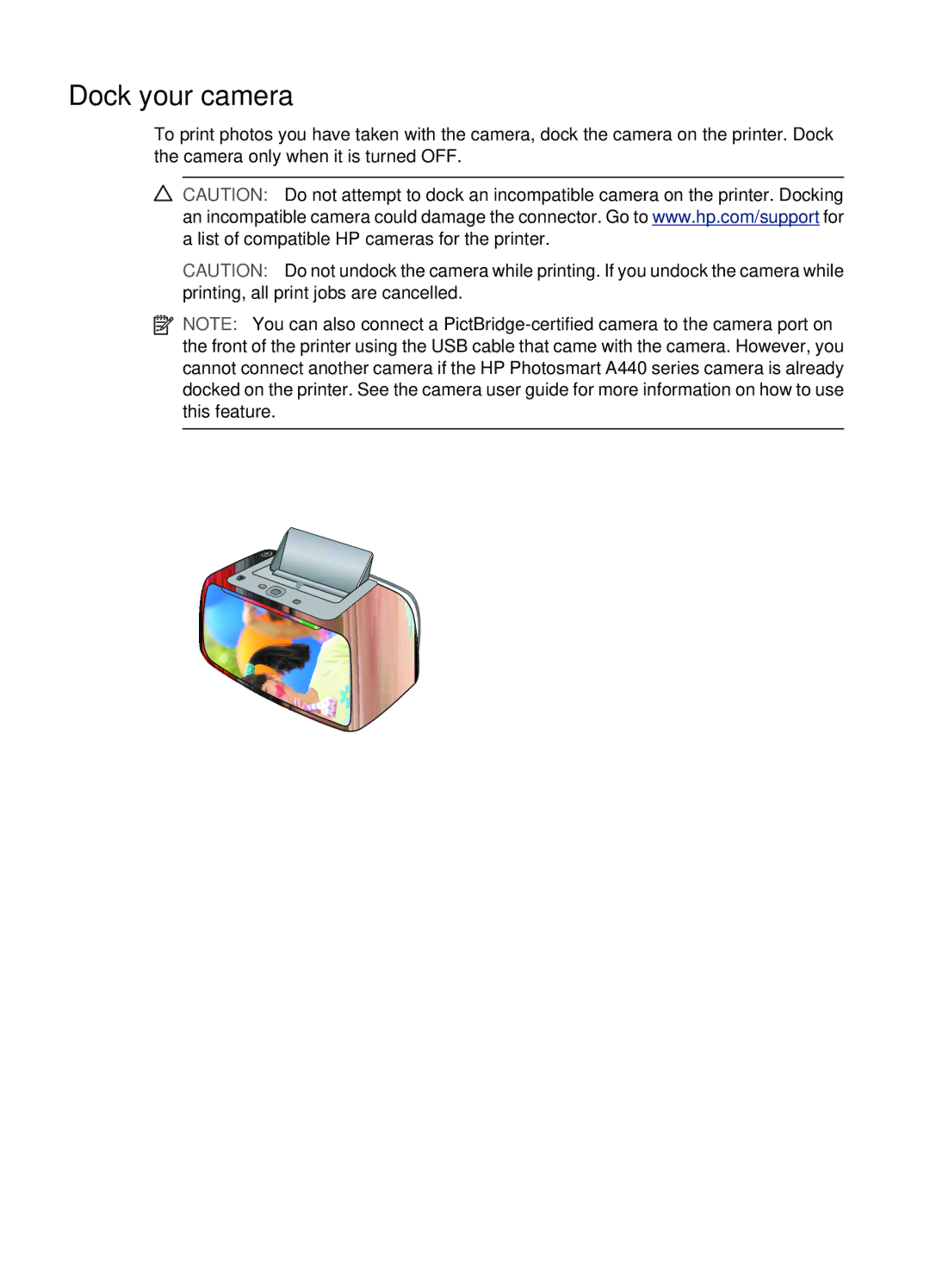 HP A440 manual Dock your camera, To dock the camera on the printer 