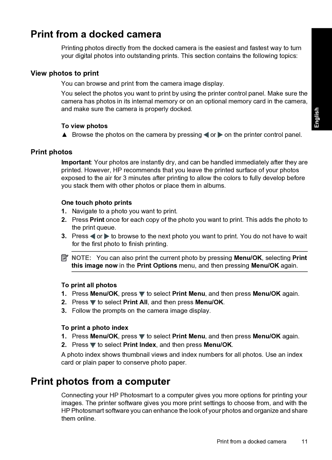 HP A440 manual Print from a docked camera, Print photos from a computer 