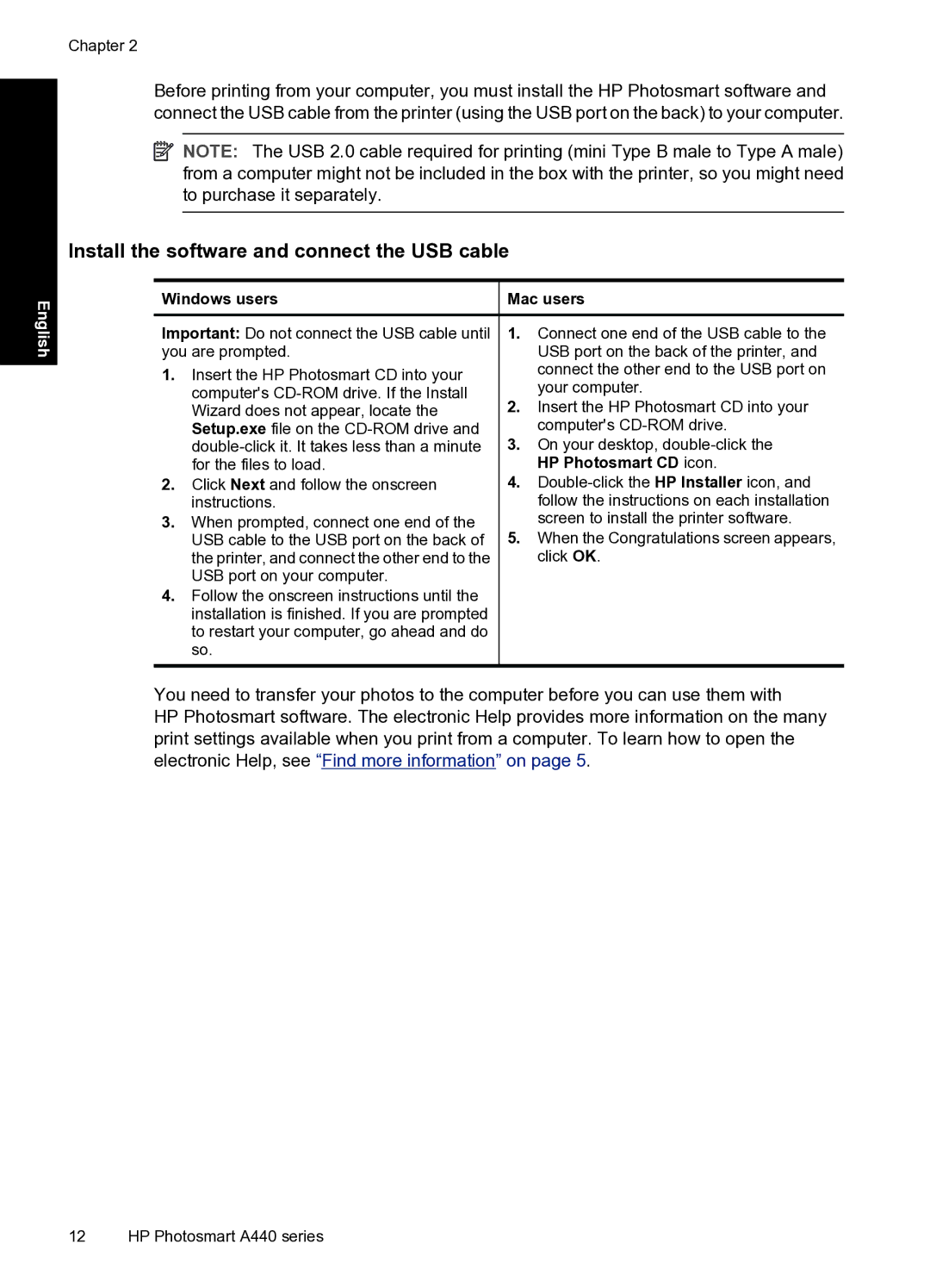 HP A440 manual Install the software and connect the USB cable 